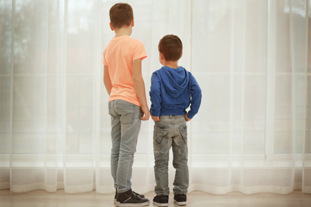 Little brothers standing together near window at homeの写真素材
