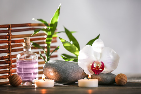 Spa still life on grey backgroundの写真素材