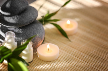 Spa still life on bamboo mat closeupの写真素材
