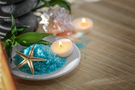 Spa still life on bamboo mat closeupの写真素材
