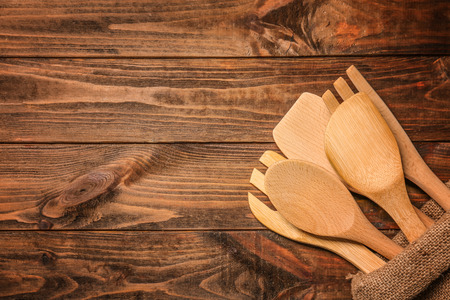 Kitchen utensils on wooden tableの写真素材
