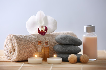 Spa composition with flower on color backgroundの写真素材