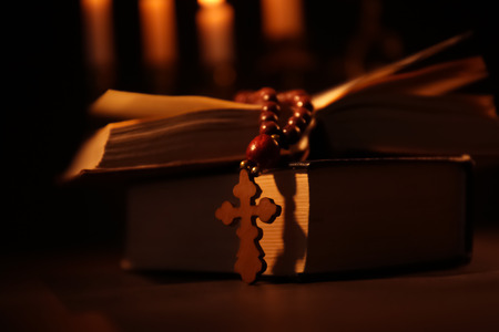 Bible with rosary, closeupの写真素材