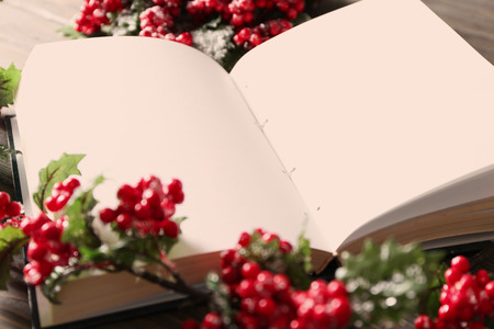 Closeup view of holiday composition with open book and mistletoe branch on tableの写真素材