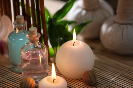 Beautiful spa composition on bamboo matの写真素材