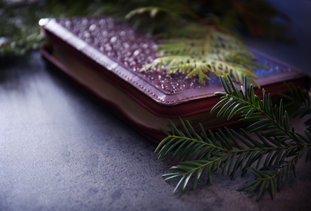 Bible in ornate leather cover and coniferous branches on grey table, closeupの写真素材