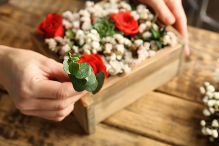 Woman's hands making a flower composition in a square wooden boxの写真素材