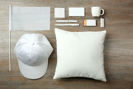 Set of blank items for branding on wooden backgroundの写真素材