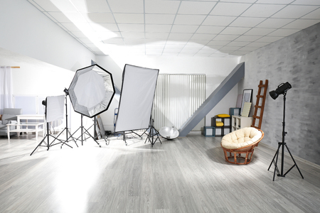 Photo studio with lightning equipmentの写真素材