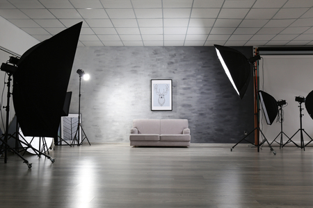 Photo studio with lightning equipmentの写真素材