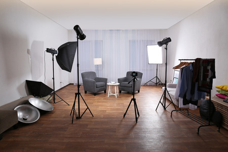 Photo studio with lightning equipmentの写真素材