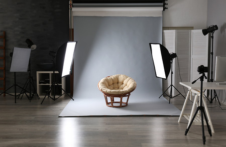 Photo studio with lightning equipmentの写真素材