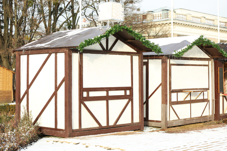 Closed winter market on streetの写真素材