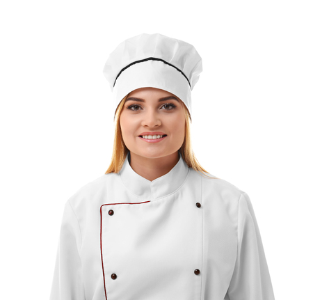 Portrait of young woman chef isolated on white backgroundの写真素材