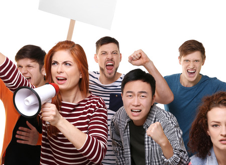 Group of protesting young people on white backgroundの写真素材