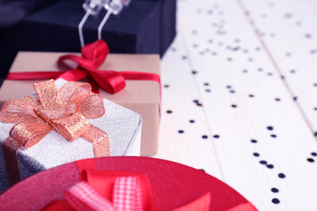 Christmas gift boxes on table, closeupの写真素材