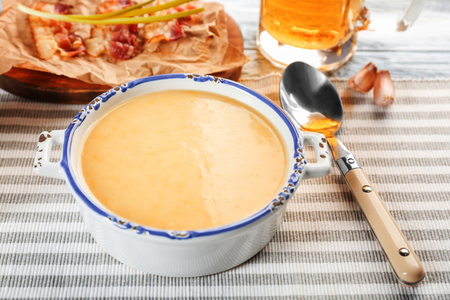 Delicious cream soup on tableの写真素材