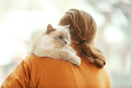 Young man holding fluffy cat on blurred backgroundの写真素材