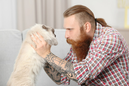 Young bearded man with fluffy cat at homeの写真素材