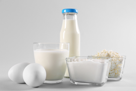 Different dairy products on light backgroundの写真素材