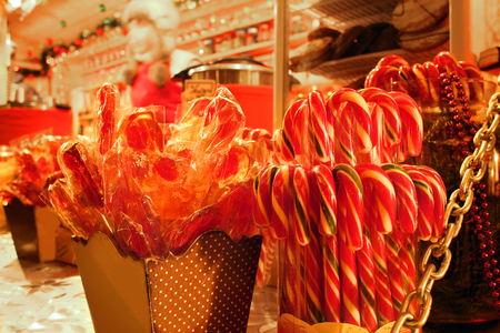 Christmas candies on showcase of street food cafeの写真素材