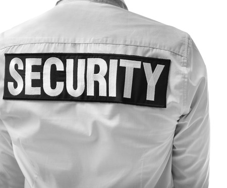 Back of male security guard on white background, closeup