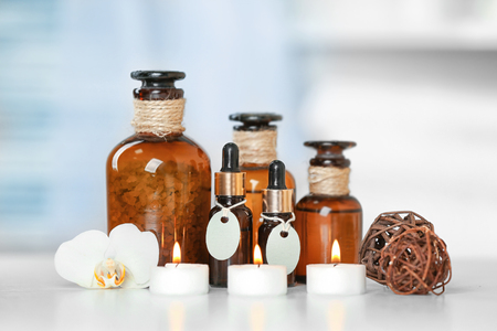 Table with beautiful spa composition on blurred backgroundの写真素材