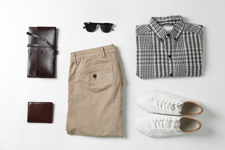 Set of clothes and accessories for man on white backgroundの写真素材