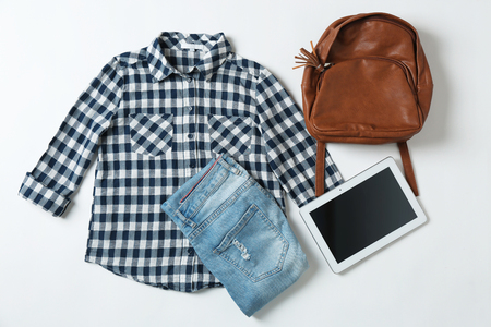 Set of stylish clothes and accessories for woman on white backgroundの写真素材