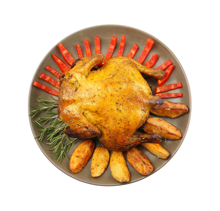 Plate with roasted beer can chicken on white backgroundの写真素材