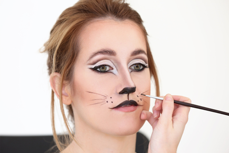 Visagiste applying cat makeup onto face of beautiful young woman in salonの写真素材