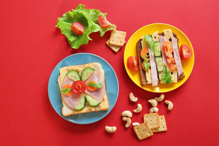 Plates with creative sandwiches on red backgroundの写真素材