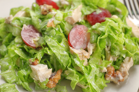 Plate with chicken salad and grapes, closeupの写真素材