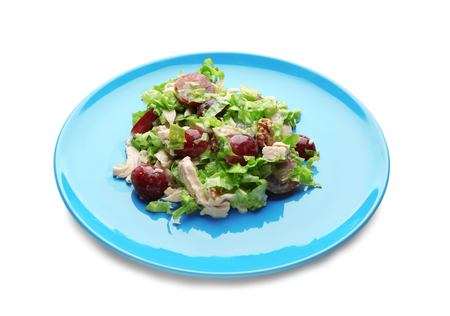 Plate with chicken salad and grapes on white backgroundの写真素材