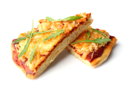 Pieces of fresh pizza Four Cheese isolated on white backgroundの写真素材