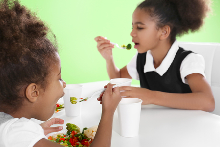 Cute African-American girls in dinning room at schoolの写真素材
