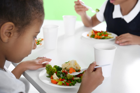Cute African-American girls in dinning room at schoolの写真素材