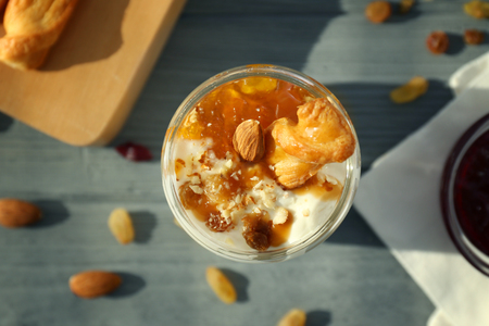 Delicious dessert in jar on tableの写真素材