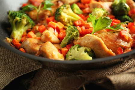 Chicken stir fry in pan, closeupの写真素材