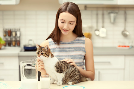 Morning of beautiful young woman and cat in kitchenの写真素材
