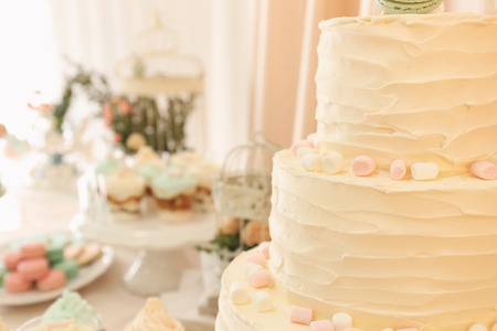 Candy bar. Tasty multi level cake with sweets on table