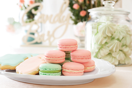 Plate with macarons on tableの写真素材