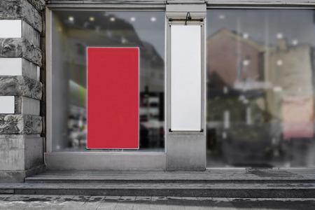 Shop window with sale bannersの写真素材