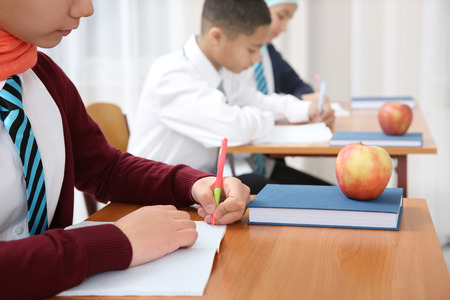 Cute girl sitting at desk in school classの写真素材