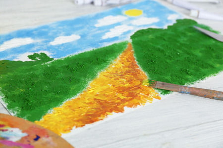 Colorful landscape created with oil paint strokes, closeupの写真素材