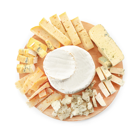 Board with variety of cheese on white backgroundの写真素材