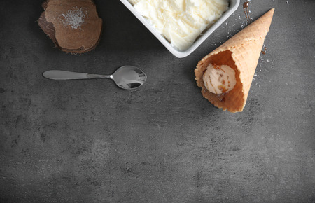 Composition with fresh coconut ice cream on tableの写真素材