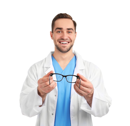 Handsome young ophthalmologist on white backgroundの写真素材