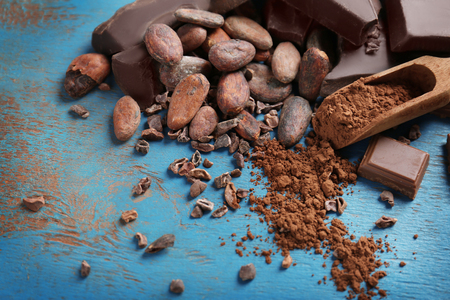 Broken chocolate pieces, beans and scoop with cocoa powder on color backgroundの写真素材
