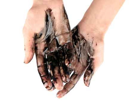 Human hands with oil on white backgroundの写真素材